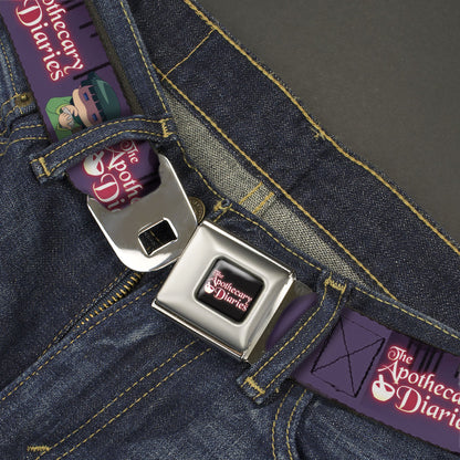 THE APOTHECARY DIARIES Title Logo Full Color Black/Red/White Seatbelt Belt - THE APOTHECARY DIARIES Chibi Maomao Pose and Title Logo Purple Webbing
