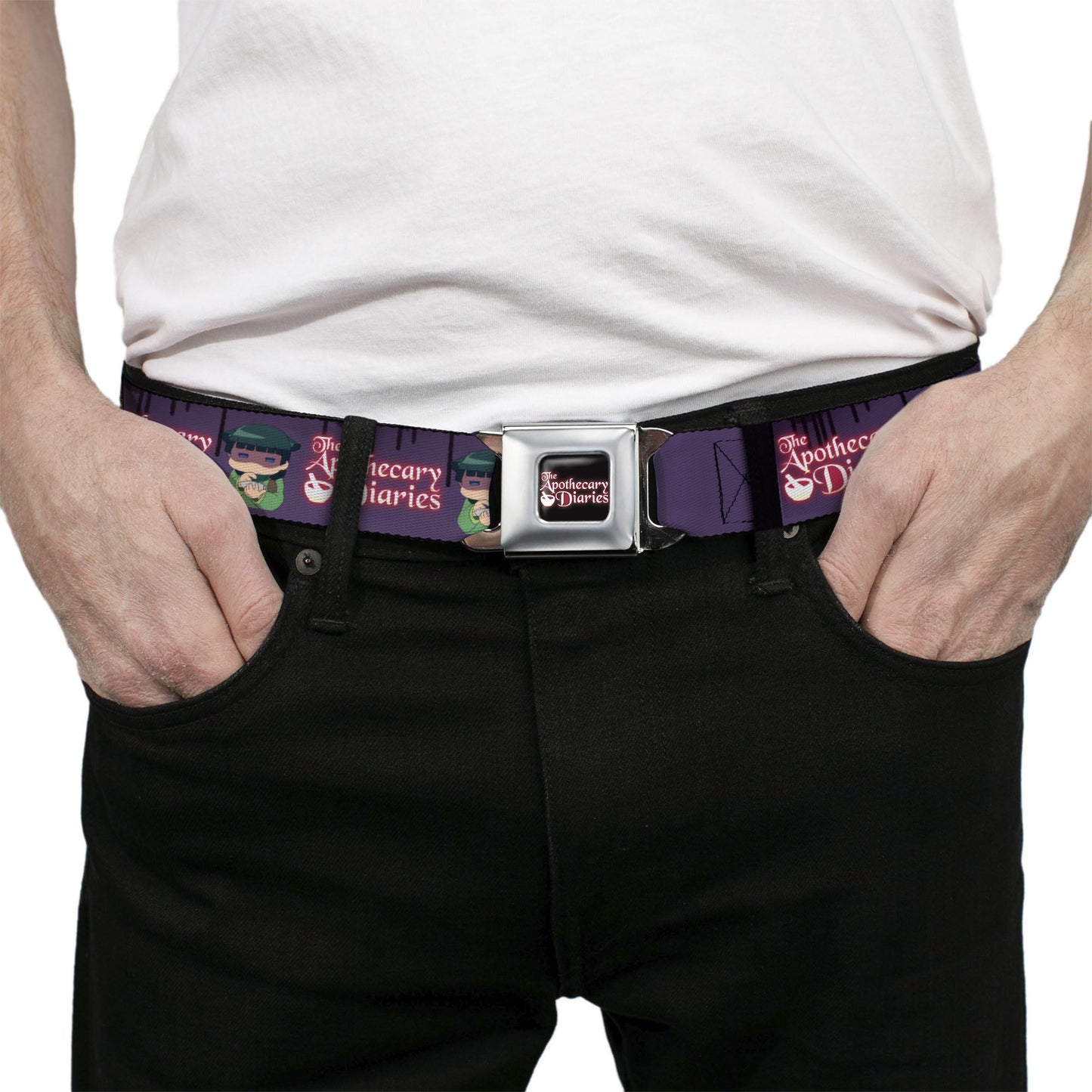 THE APOTHECARY DIARIES Title Logo Full Color Black/Red/White Seatbelt Belt - THE APOTHECARY DIARIES Chibi Maomao Pose and Title Logo Purple Webbing