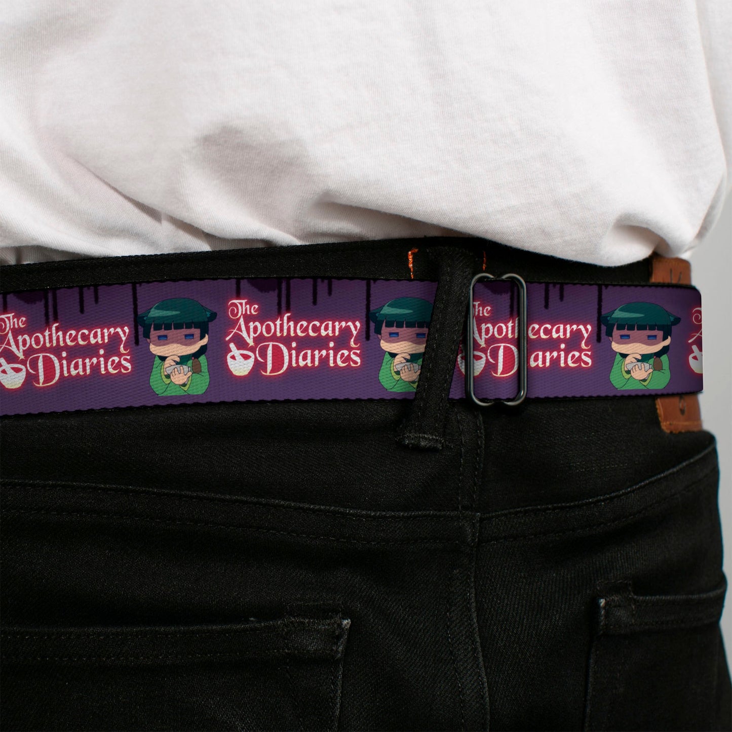 THE APOTHECARY DIARIES Title Logo Full Color Black/Red/White Seatbelt Belt - THE APOTHECARY DIARIES Chibi Maomao Pose and Title Logo Purple Webbing