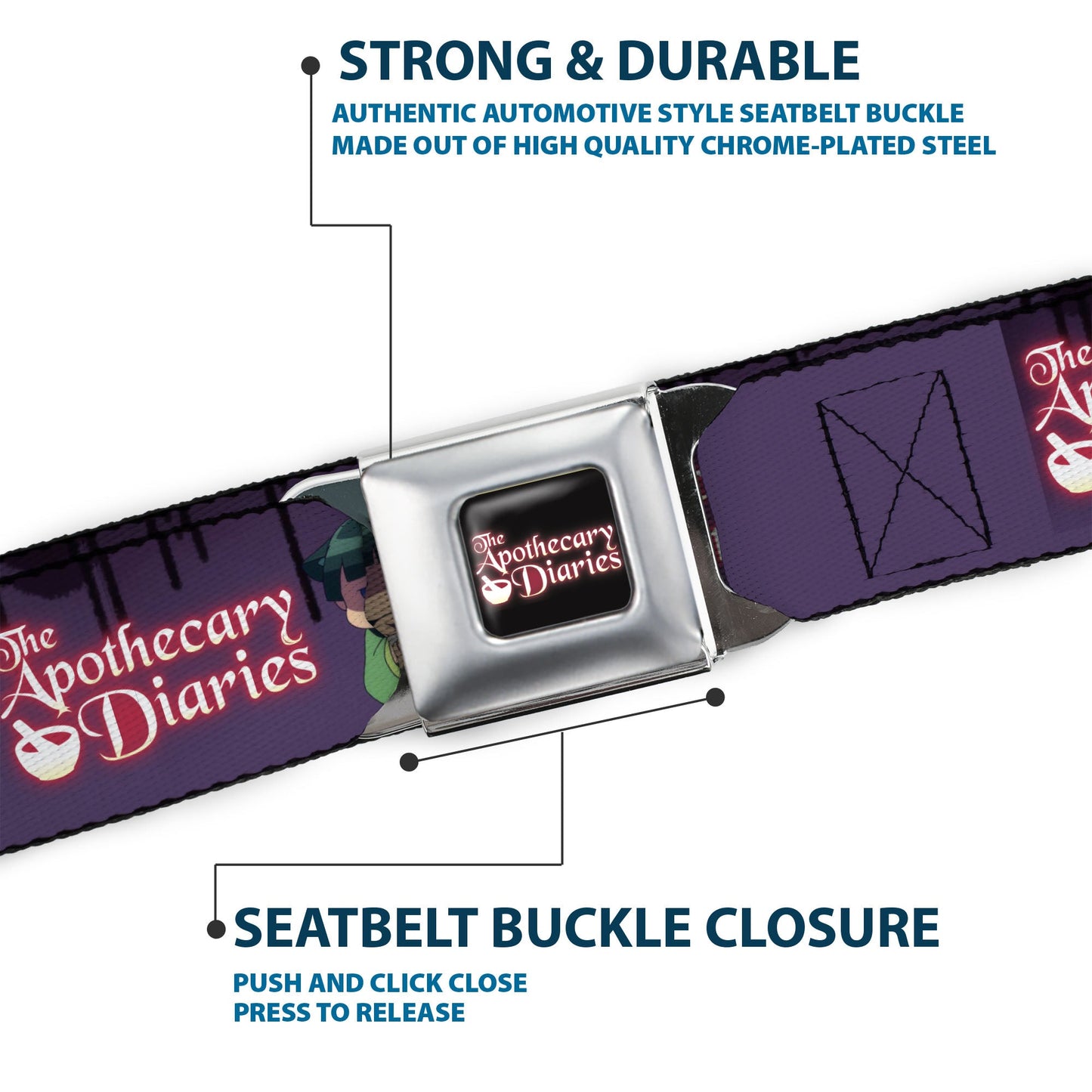 THE APOTHECARY DIARIES Title Logo Full Color Black/Red/White Seatbelt Belt - THE APOTHECARY DIARIES Chibi Maomao Pose and Title Logo Purple Webbing