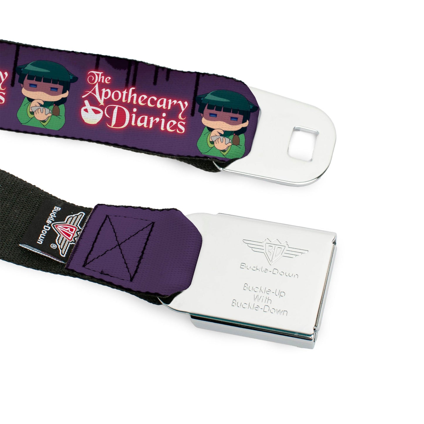 THE APOTHECARY DIARIES Title Logo Full Color Black/Red/White Seatbelt Belt - THE APOTHECARY DIARIES Chibi Maomao Pose and Title Logo Purple Webbing