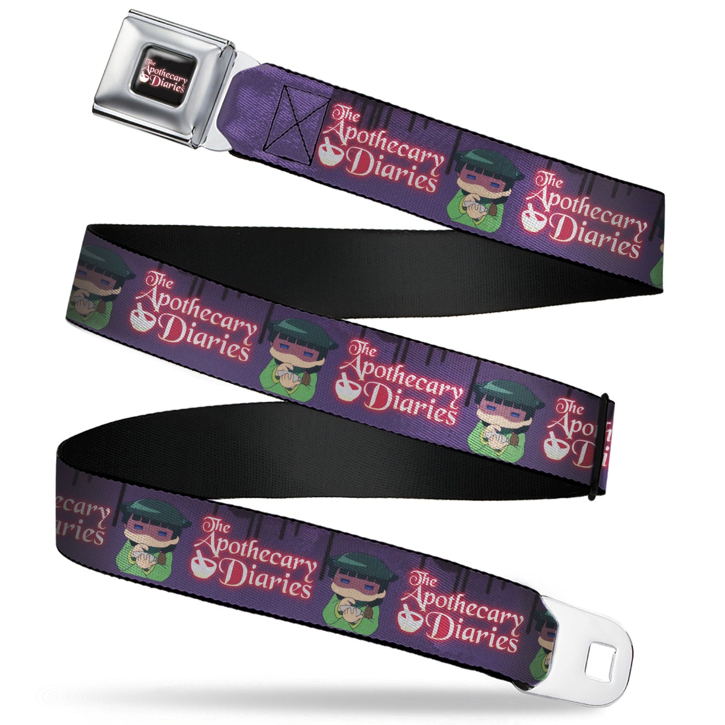THE APOTHECARY DIARIES Title Logo Full Color Black/Red/White Seatbelt Belt - THE APOTHECARY DIARIES Chibi Maomao Pose and Title Logo Purple Webbing