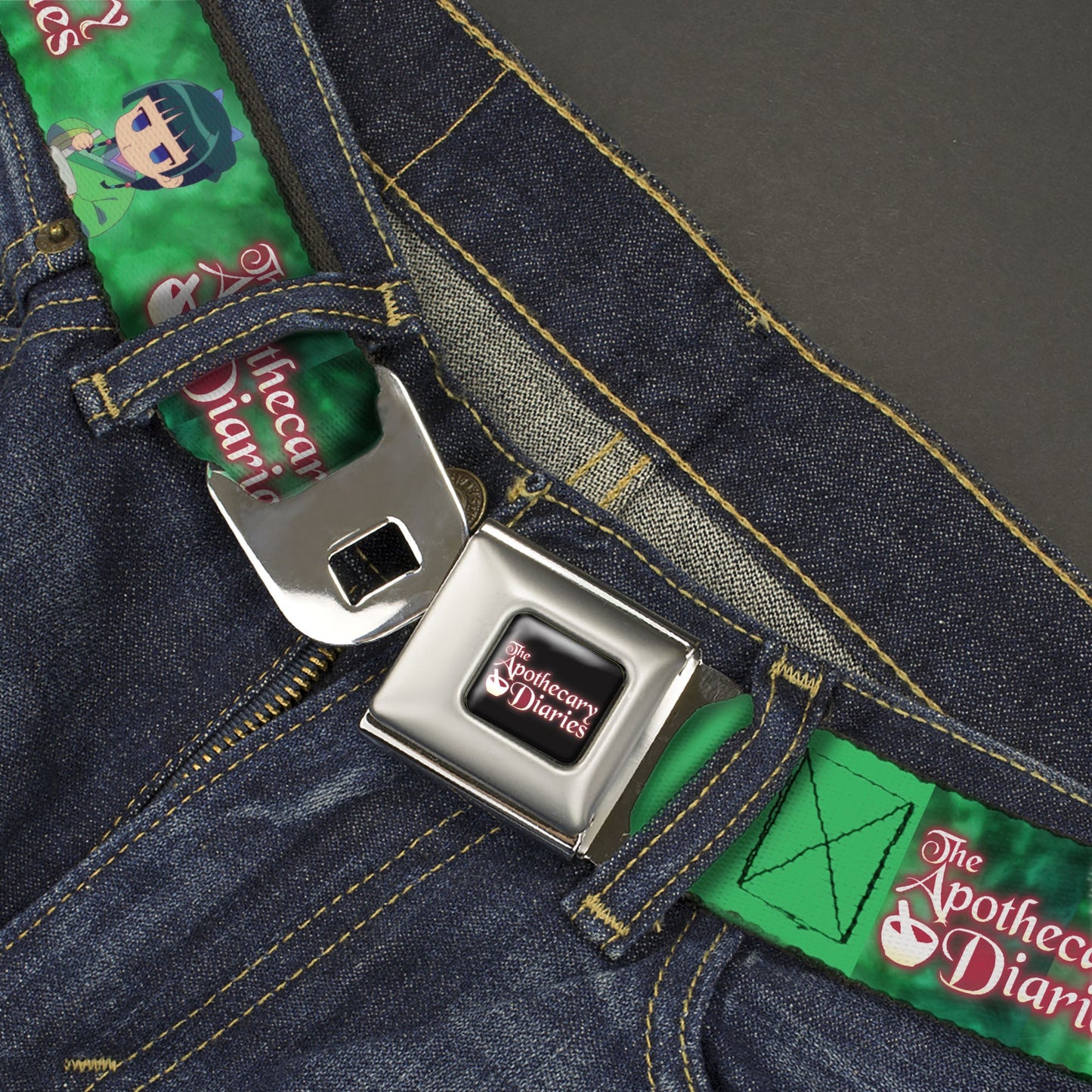 THE APOTHECARY DIARIES Title Logo Full Color Black/Red/White Seatbelt Belt - THE APOTHECARY DIARIES Maomao Grinding Pose and Title Logo Greens Webbing