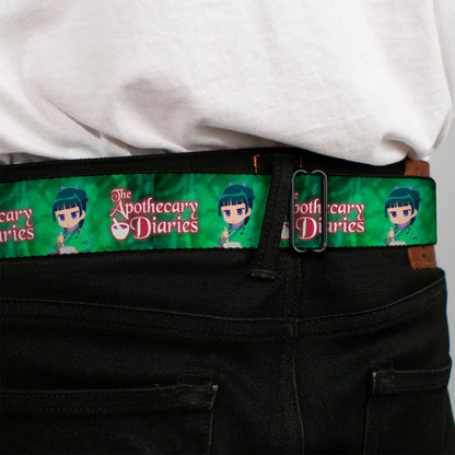 THE APOTHECARY DIARIES Title Logo Full Color Black/Red/White Seatbelt Belt - THE APOTHECARY DIARIES Maomao Grinding Pose and Title Logo Greens Webbing