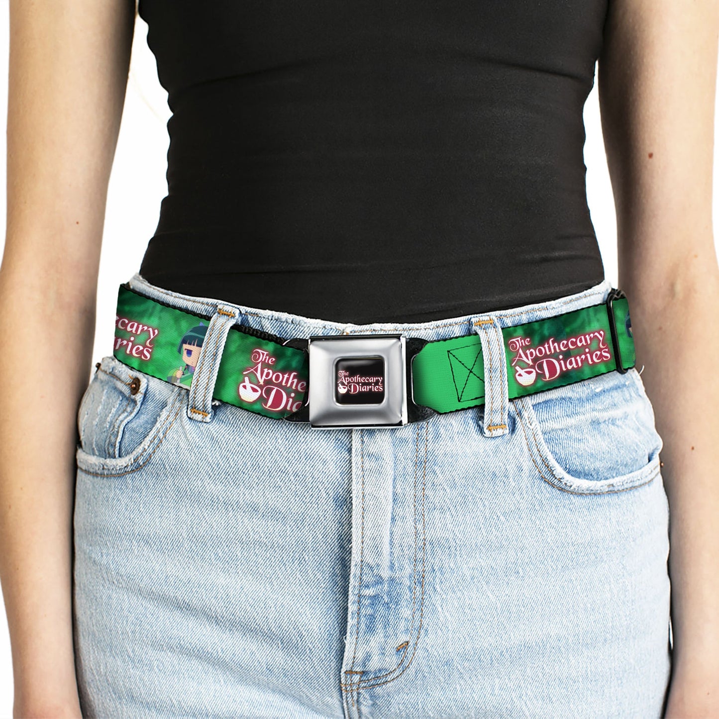 THE APOTHECARY DIARIES Title Logo Full Color Black/Red/White Seatbelt Belt - THE APOTHECARY DIARIES Maomao Grinding Pose and Title Logo Greens Webbing
