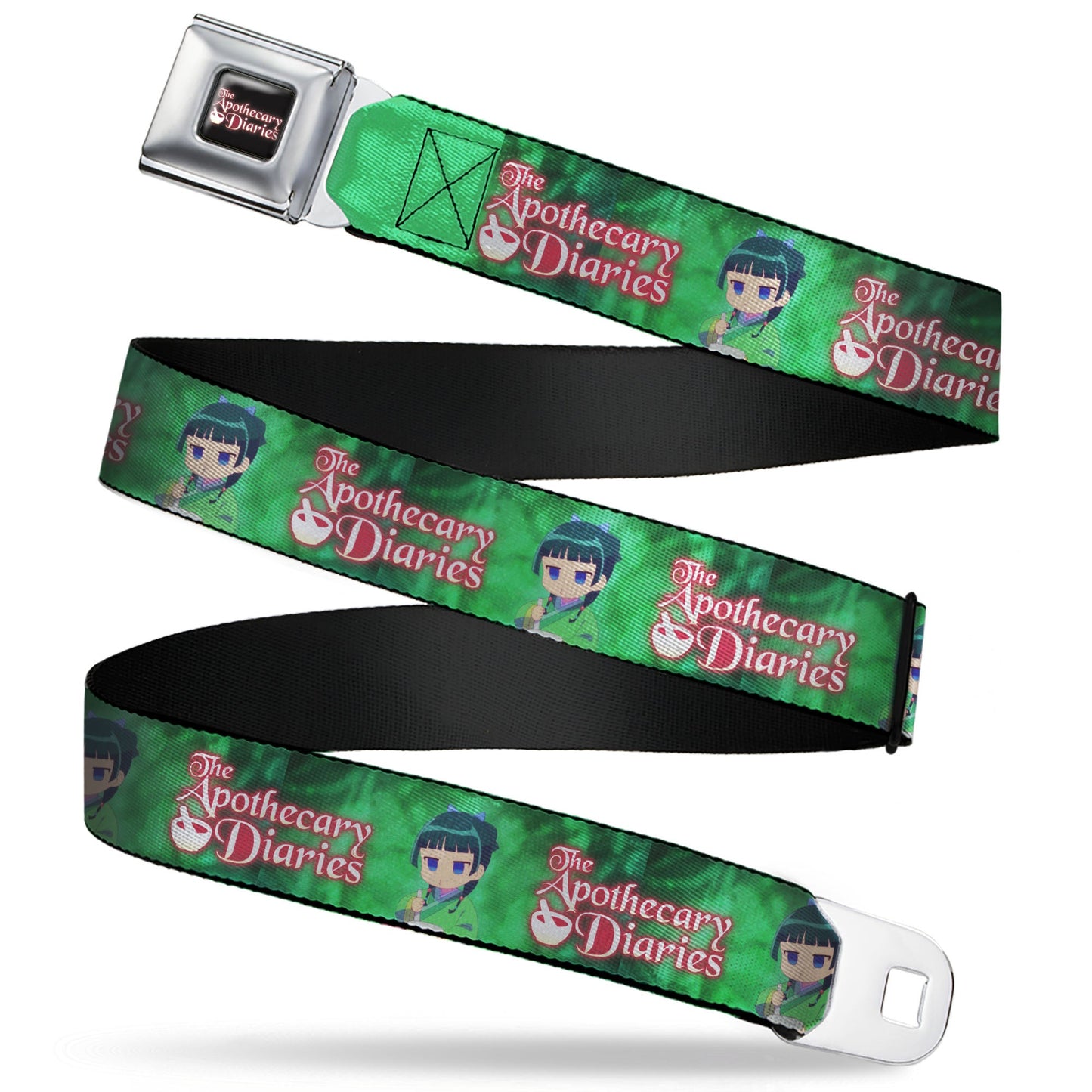 THE APOTHECARY DIARIES Title Logo Full Color Black/Red/White Seatbelt Belt - THE APOTHECARY DIARIES Maomao Grinding Pose and Title Logo Greens Webbing