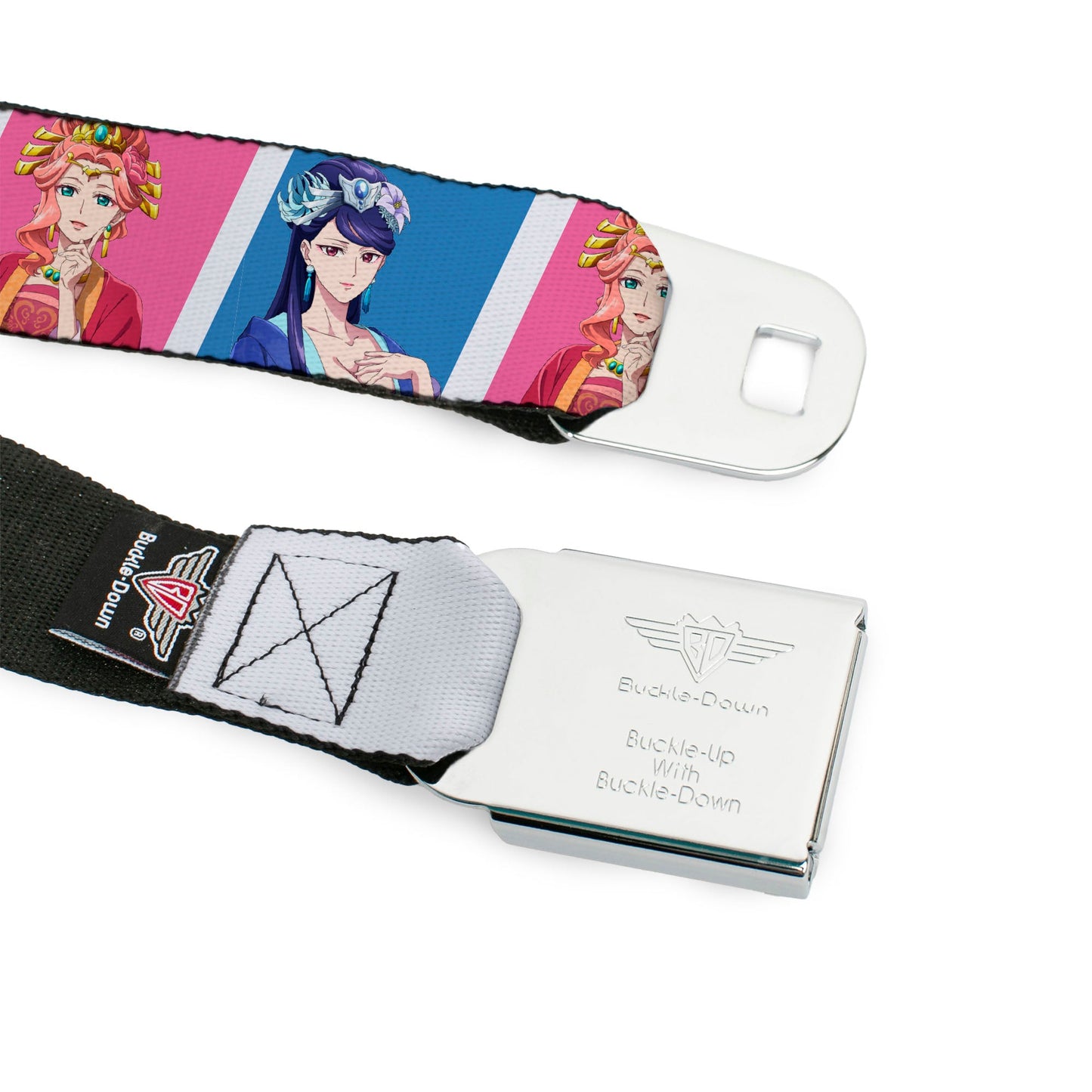 THE APOTHECARY DIARIES Title Logo Full Color Black/Red/White Seatbelt Belt - The Apothecary Diaries Gyokuyo and Lihua Pose Blocks White/Pink/Blue Webbing