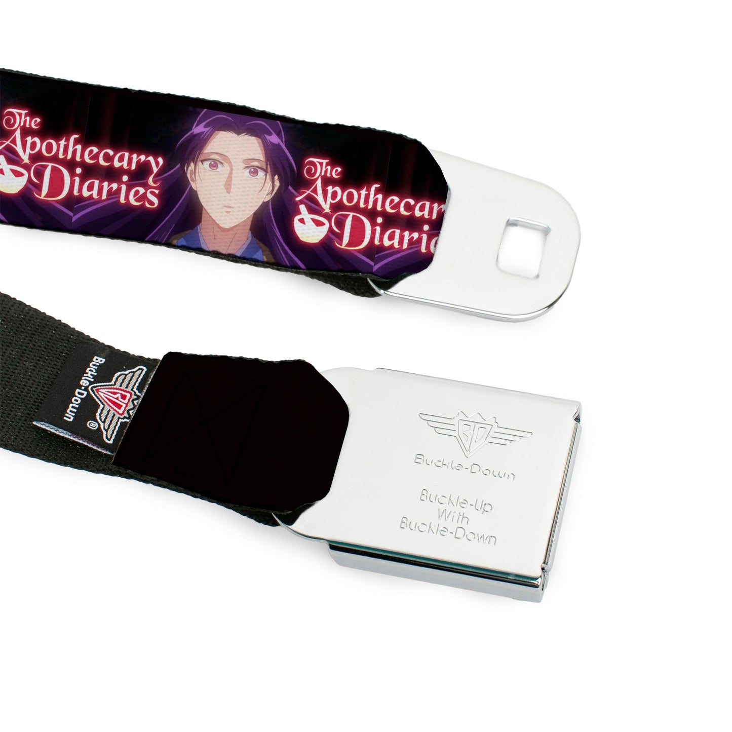THE APOTHECARY DIARIES Title Logo Full Color Black/Red/White Seatbelt Belt - THE APOTHECARY DIARIES Jinshi Pose and Title Logo Black Webbing
