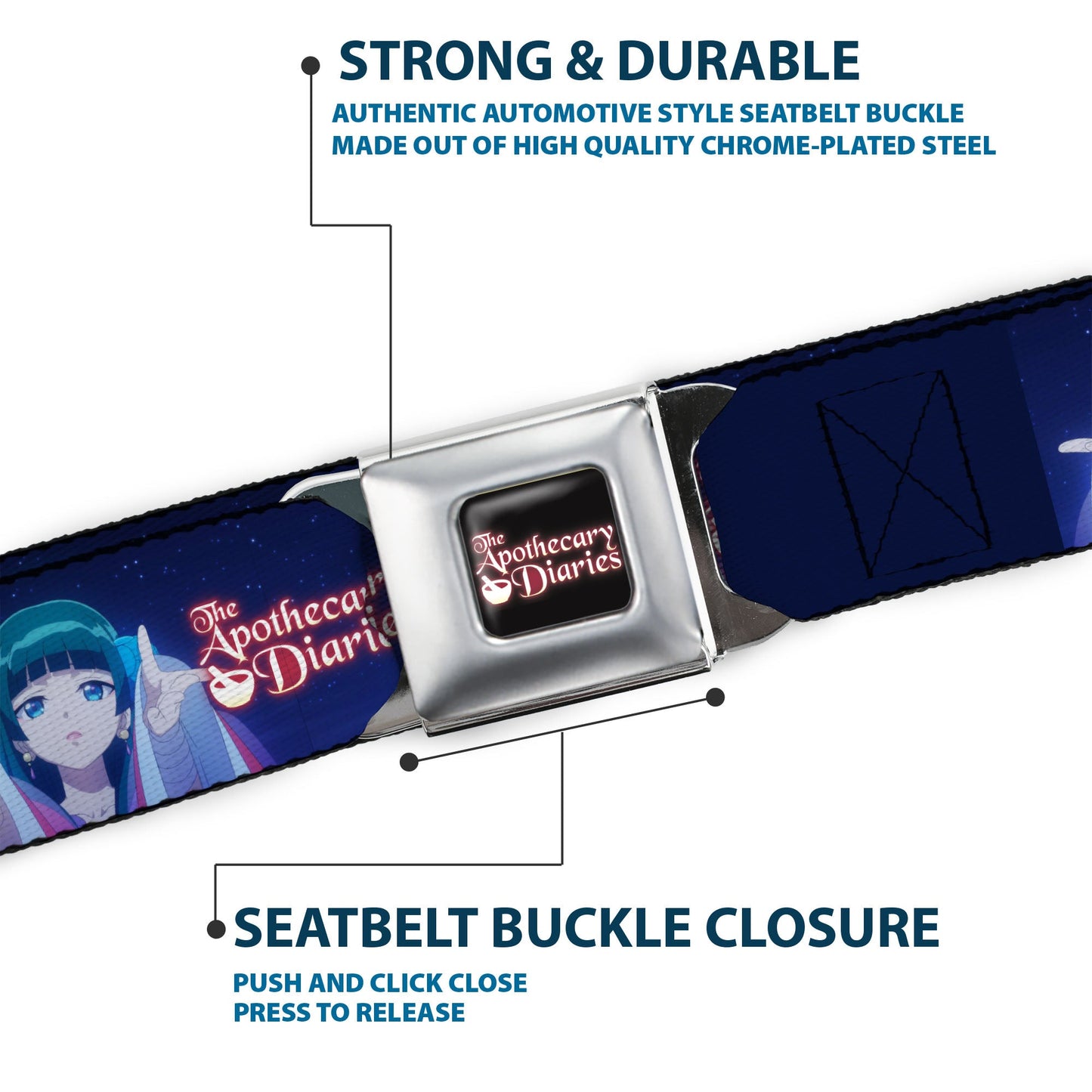 THE APOTHECARY DIARIES Title Logo Full Color Black/Red/White Seatbelt Belt - THE APOTHECARY DIARIES Maomao Hands Out Pose and Title Logo Purples Webbing