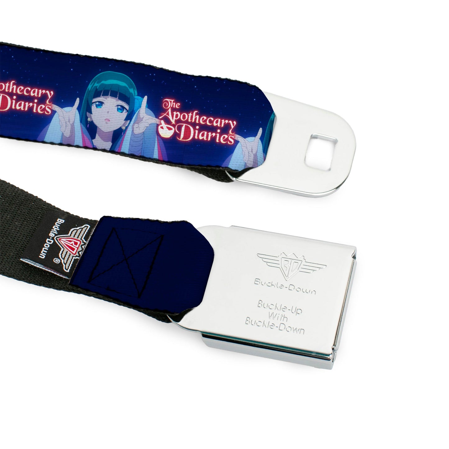 THE APOTHECARY DIARIES Title Logo Full Color Black/Red/White Seatbelt Belt - THE APOTHECARY DIARIES Maomao Hands Out Pose and Title Logo Purples Webbing