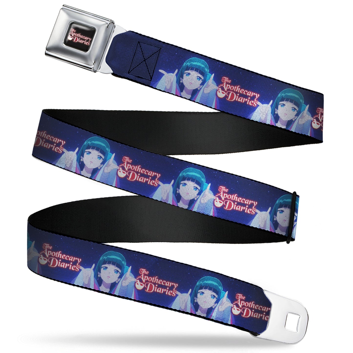 THE APOTHECARY DIARIES Title Logo Full Color Black/Red/White Seatbelt Belt - THE APOTHECARY DIARIES Maomao Hands Out Pose and Title Logo Purples Webbing