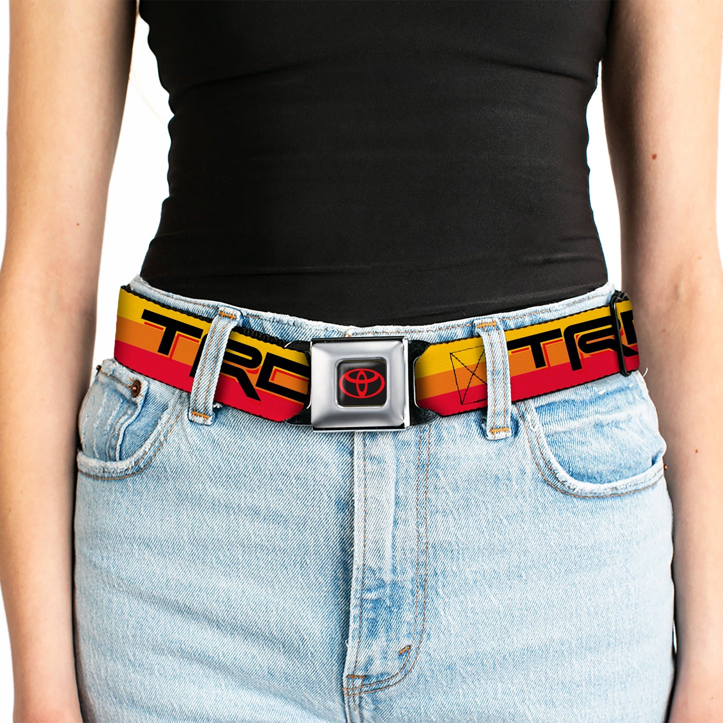 Toyota Logo Full Color Black/Red Seatbelt Belt - Toyota Racing Development TRD Logo Rally Stripe Sunset Webbing