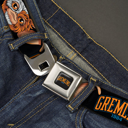 GREMLINS 1984 Title Logo Full Color Black/Blue/Orange Seatbelt Belt - GREMLINS 1984 Gizmo Face Close-Up Black Webbing