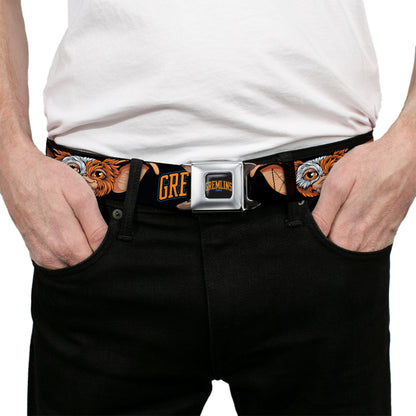 GREMLINS 1984 Title Logo Full Color Black/Blue/Orange Seatbelt Belt - GREMLINS 1984 Gizmo Face Close-Up Black Webbing