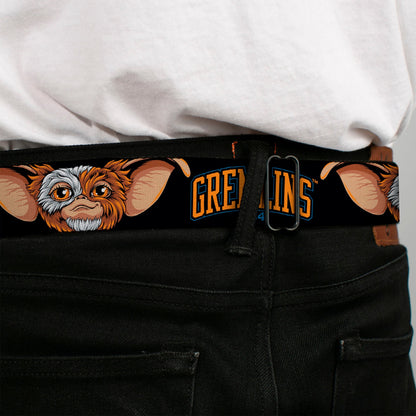 GREMLINS 1984 Title Logo Full Color Black/Blue/Orange Seatbelt Belt - GREMLINS 1984 Gizmo Face Close-Up Black Webbing