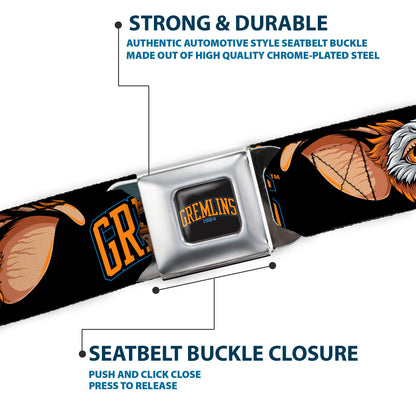 GREMLINS 1984 Title Logo Full Color Black/Blue/Orange Seatbelt Belt - GREMLINS 1984 Gizmo Face Close-Up Black Webbing