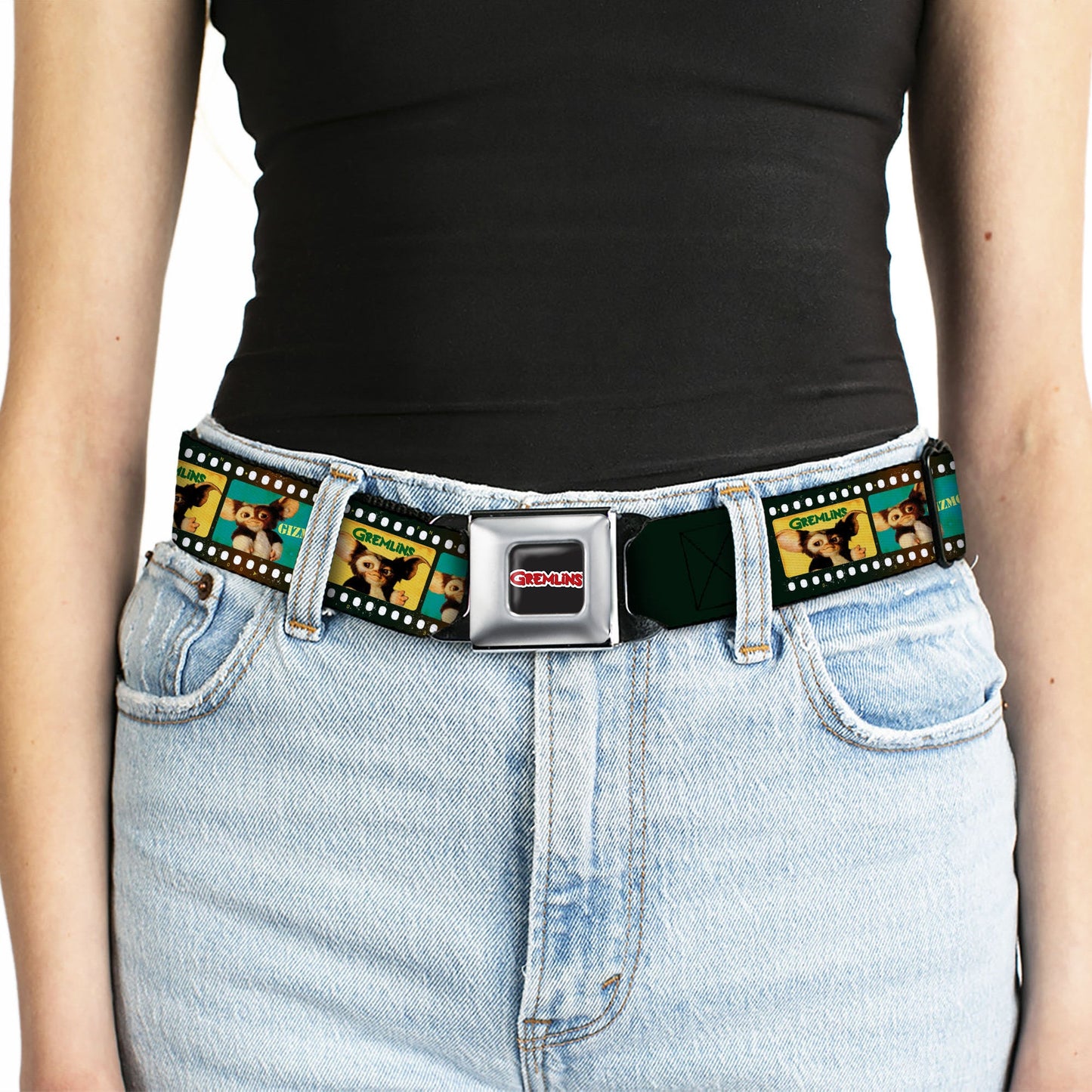GREMLINS Title Logo Full Color Black/White/Red Seatbelt Belt - Gremlins GIZMO Film Strip Pose Blocks Webbing