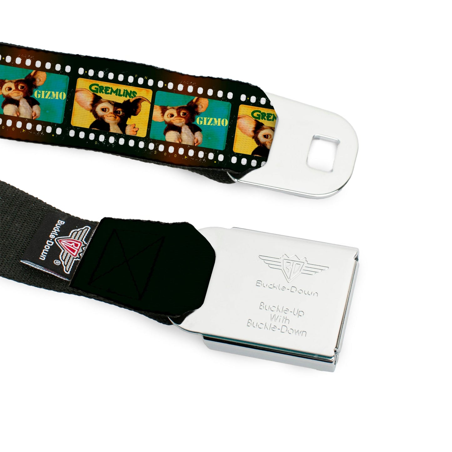 GREMLINS Title Logo Full Color Black/White/Red Seatbelt Belt - Gremlins GIZMO Film Strip Pose Blocks Webbing