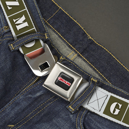 GREMLINS Title Logo Full Color Black/White/Red Seatbelt Belt - Gremlins GIZMO Text and Pose Blocks White/Multi Color Webbing