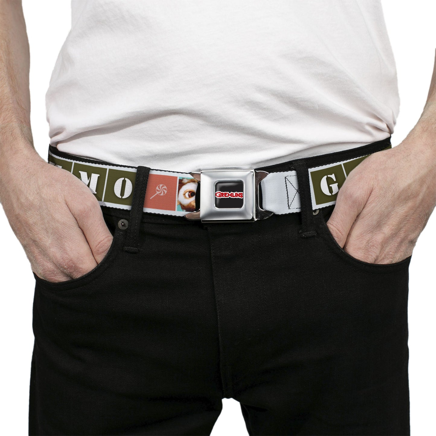 GREMLINS Title Logo Full Color Black/White/Red Seatbelt Belt - Gremlins GIZMO Text and Pose Blocks White/Multi Color Webbing