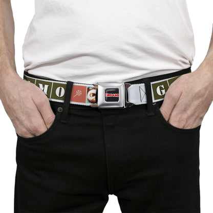 GREMLINS Title Logo Full Color Black/White/Red Seatbelt Belt - Gremlins GIZMO Text and Pose Blocks White/Multi Color Webbing