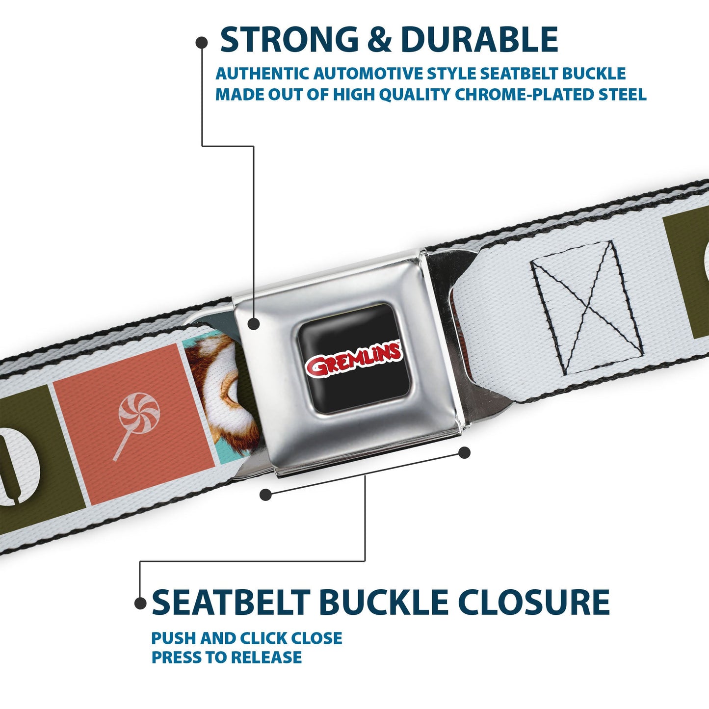 GREMLINS Title Logo Full Color Black/White/Red Seatbelt Belt - Gremlins GIZMO Text and Pose Blocks White/Multi Color Webbing