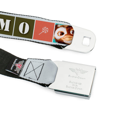 GREMLINS Title Logo Full Color Black/White/Red Seatbelt Belt - Gremlins GIZMO Text and Pose Blocks White/Multi Color Webbing