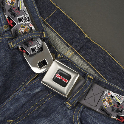 GREMLINS Title Logo Full Color Black/White/Red Seatbelt Belt - Gremlins Gizmo Pose and Rules Collage Gray Webbing
