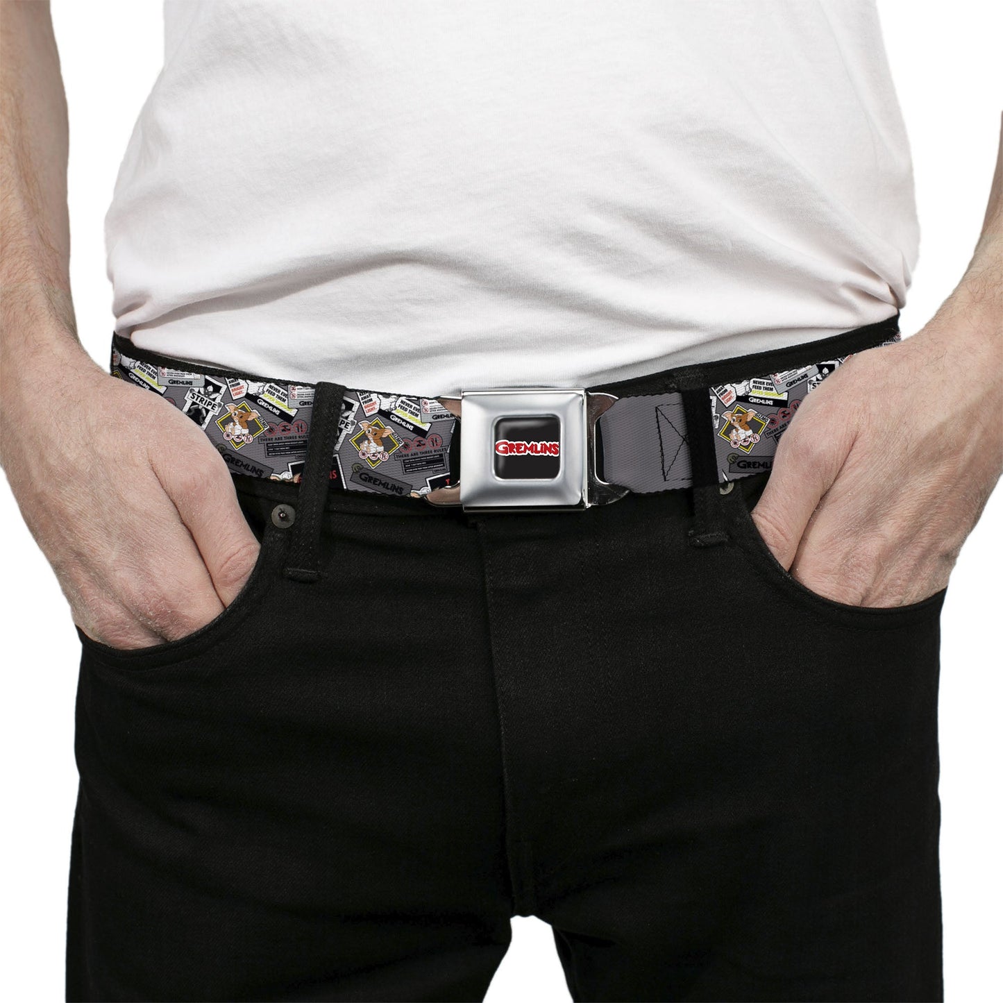 GREMLINS Title Logo Full Color Black/White/Red Seatbelt Belt - Gremlins Gizmo Pose and Rules Collage Gray Webbing