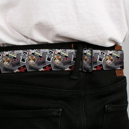 GREMLINS Title Logo Full Color Black/White/Red Seatbelt Belt - Gremlins Gizmo Pose and Rules Collage Gray Webbing