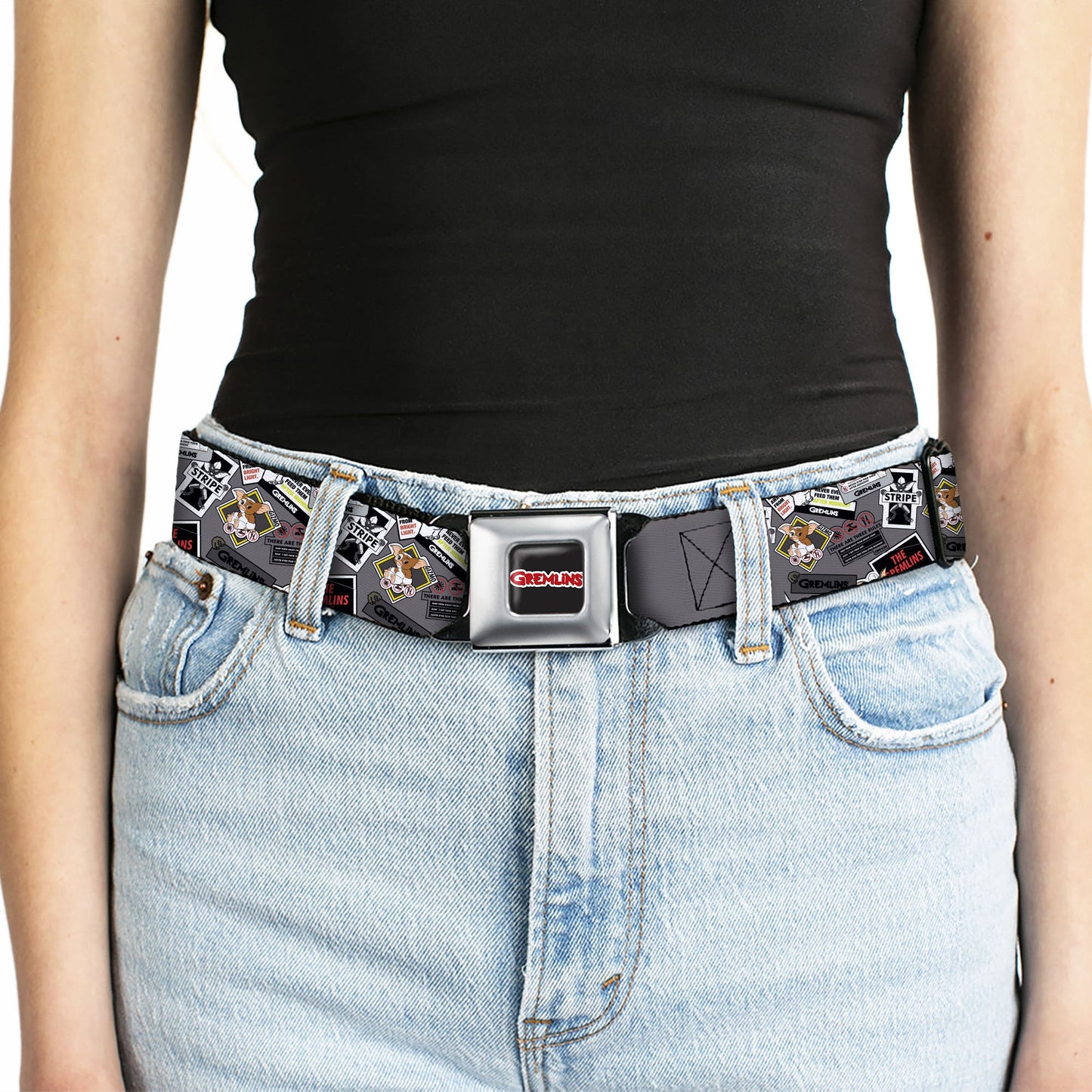GREMLINS Title Logo Full Color Black/White/Red Seatbelt Belt - Gremlins Gizmo Pose and Rules Collage Gray Webbing