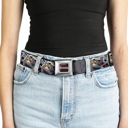 GREMLINS Title Logo Full Color Black/White/Red Seatbelt Belt - Gremlins Gizmo Pose and Rules Collage Gray Webbing
