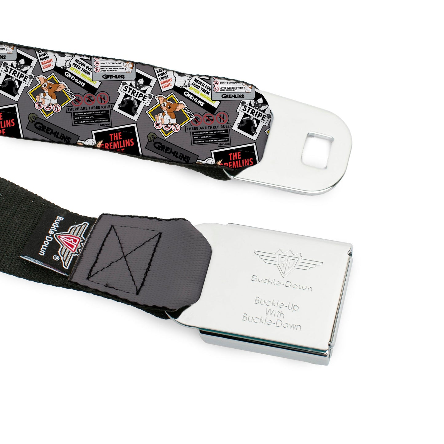 GREMLINS Title Logo Full Color Black/White/Red Seatbelt Belt - Gremlins Gizmo Pose and Rules Collage Gray Webbing