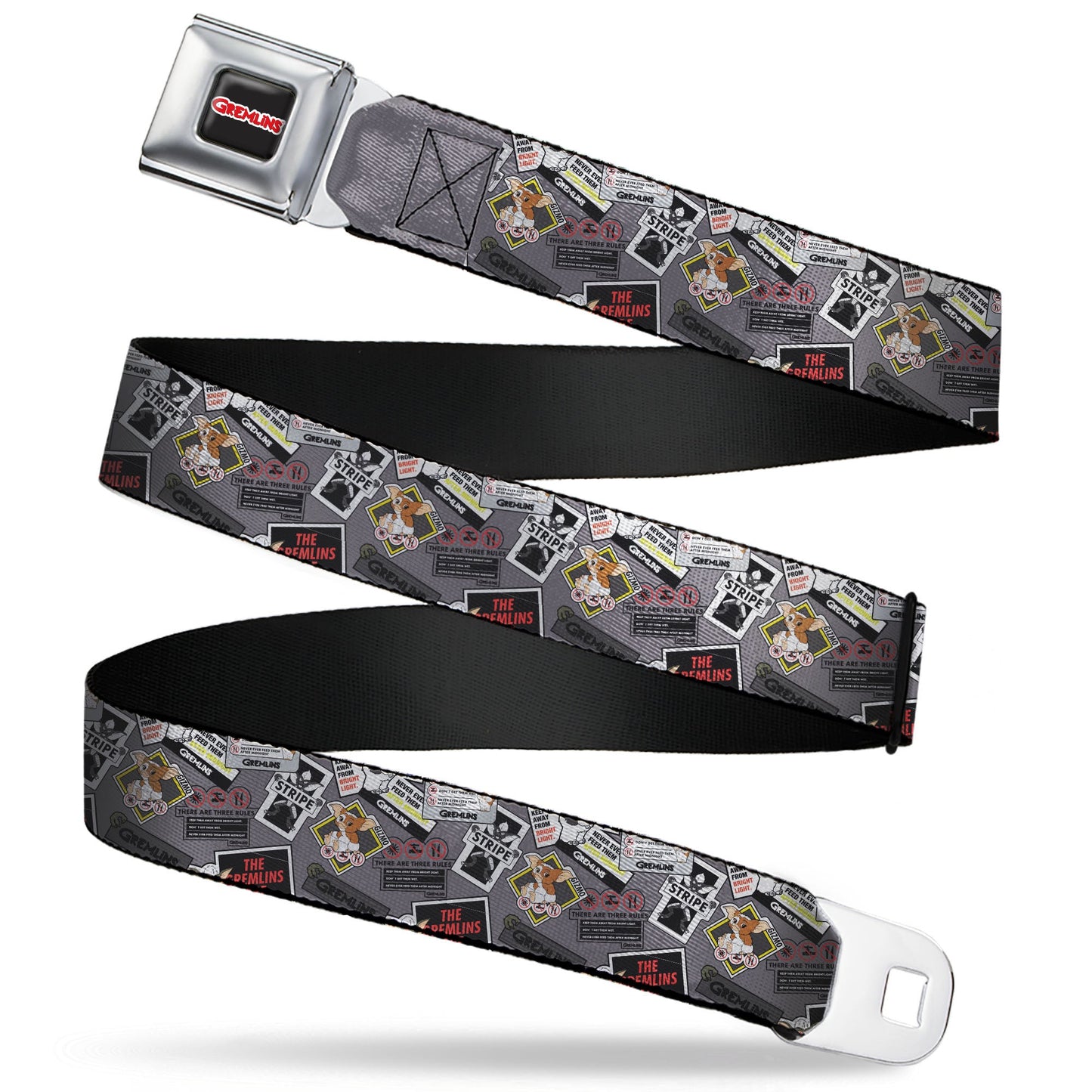GREMLINS Title Logo Full Color Black/White/Red Seatbelt Belt - Gremlins Gizmo Pose and Rules Collage Gray Webbing