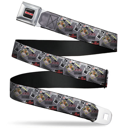 GREMLINS Title Logo Full Color Black/White/Red Seatbelt Belt - Gremlins Gizmo Pose and Rules Collage Gray Webbing
