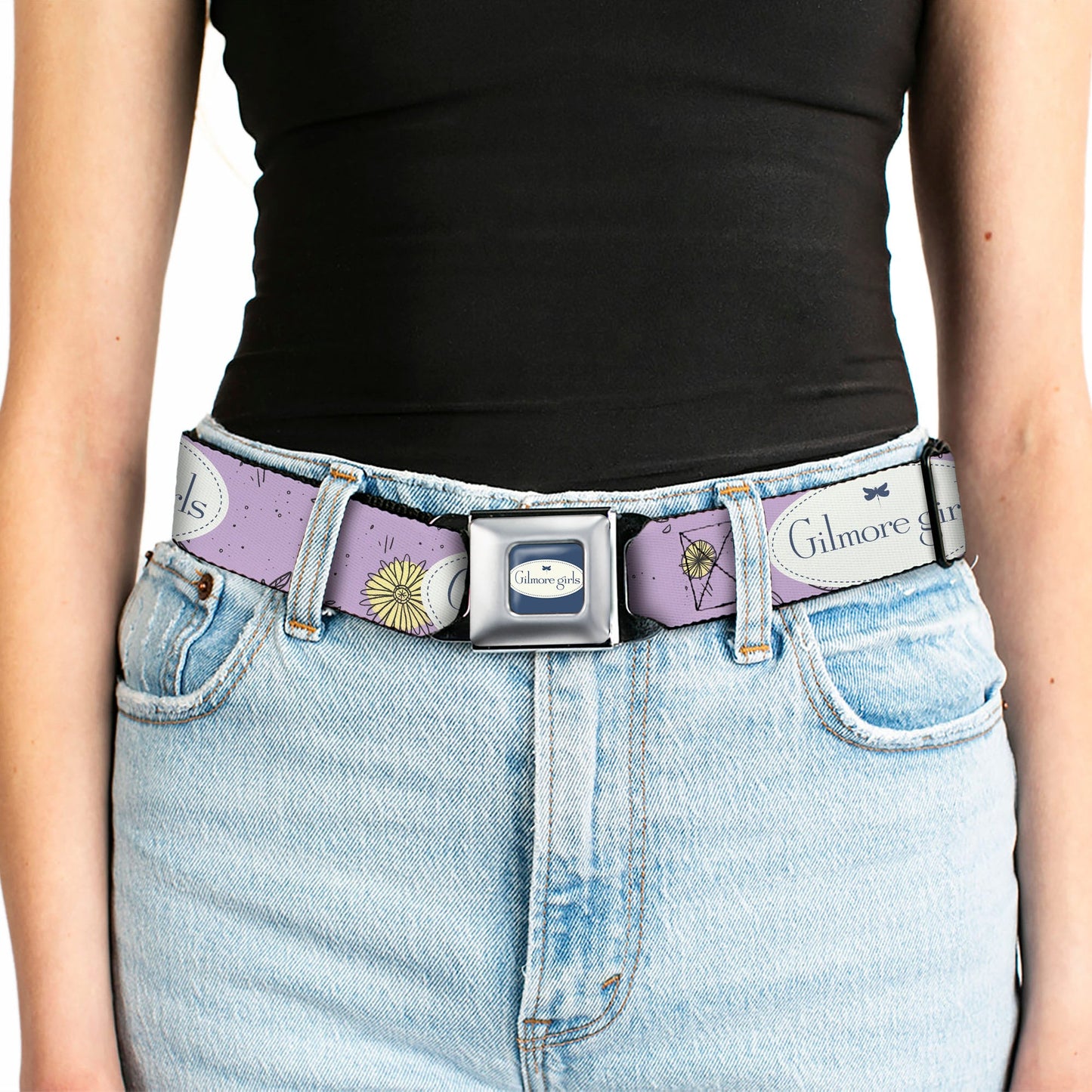GILMORE GIRLS Title Logo Full Color Blue/White Seatbelt Belt - GILMORE GIRLS Title Logo and Flower Petals Lavender/White/Blue Webbing