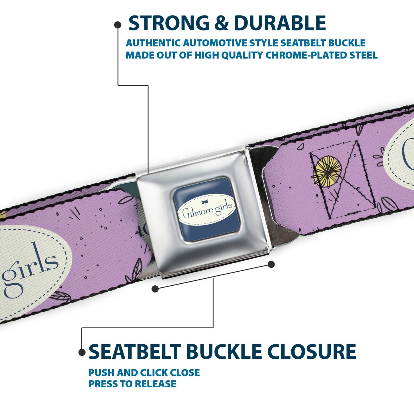 GILMORE GIRLS Title Logo Full Color Blue/White Seatbelt Belt - GILMORE GIRLS Title Logo and Flower Petals Lavender/White/Blue Webbing