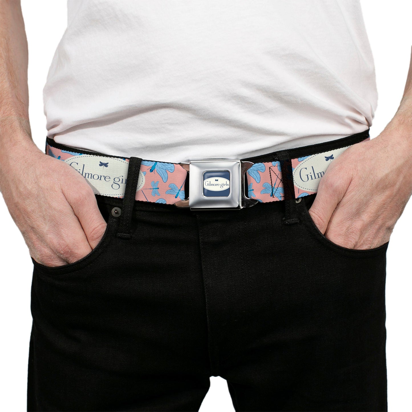 GILMORE GIRLS Title Logo Full Color Blue/White Seatbelt Belt - GILMORE GIRLS Title Logo and Dragon Flies Scattered Pink/White/Blues Webbing