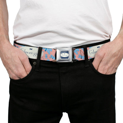 GILMORE GIRLS Title Logo Full Color Blue/White Seatbelt Belt - GILMORE GIRLS Title Logo and Dragon Flies Scattered Pink/White/Blues Webbing