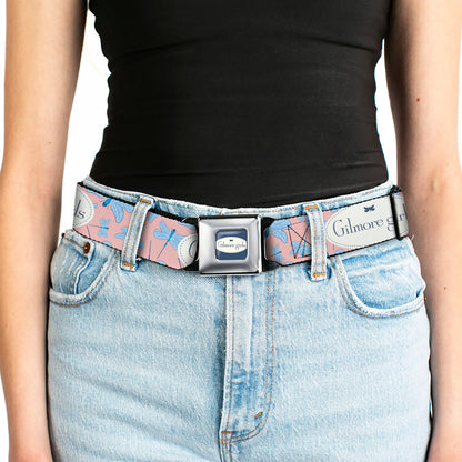GILMORE GIRLS Title Logo Full Color Blue/White Seatbelt Belt - GILMORE GIRLS Title Logo and Dragon Flies Scattered Pink/White/Blues Webbing