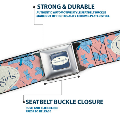GILMORE GIRLS Title Logo Full Color Blue/White Seatbelt Belt - GILMORE GIRLS Title Logo and Dragon Flies Scattered Pink/White/Blues Webbing