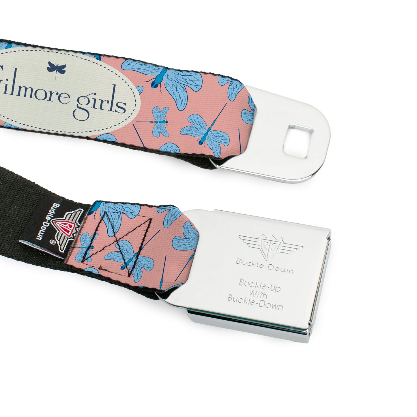GILMORE GIRLS Title Logo Full Color Blue/White Seatbelt Belt - GILMORE GIRLS Title Logo and Dragon Flies Scattered Pink/White/Blues Webbing