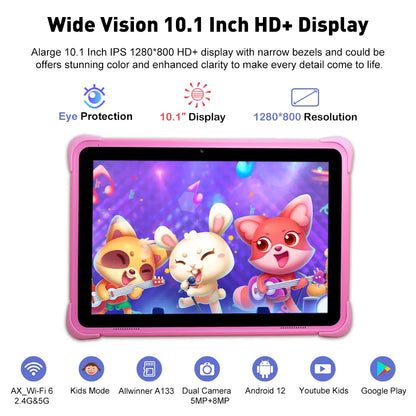 10.1 Inch Kids Tablet Android 12 - Quad Core, 4GB RAM, 64GB Storage, WIFI6, 6000mAh Battery - Fun Learning Tablet for Children with Specialized Kids Apps
