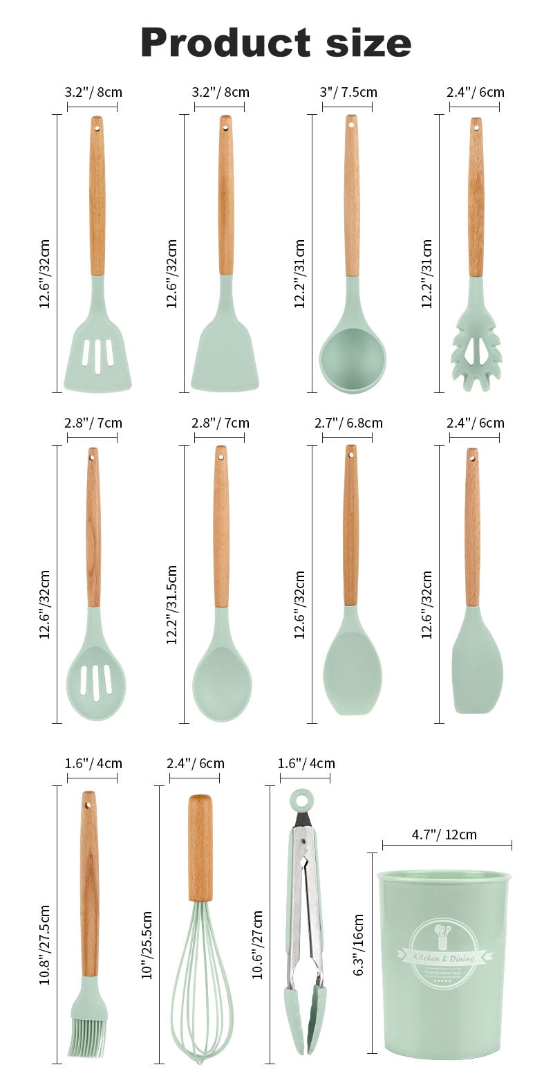 Non-Stick Silicone Kitchen Utensils Set with Wooden Handles - Includes Spatula, Egg Beaters, and More - Essential Kitchenware and Accessories