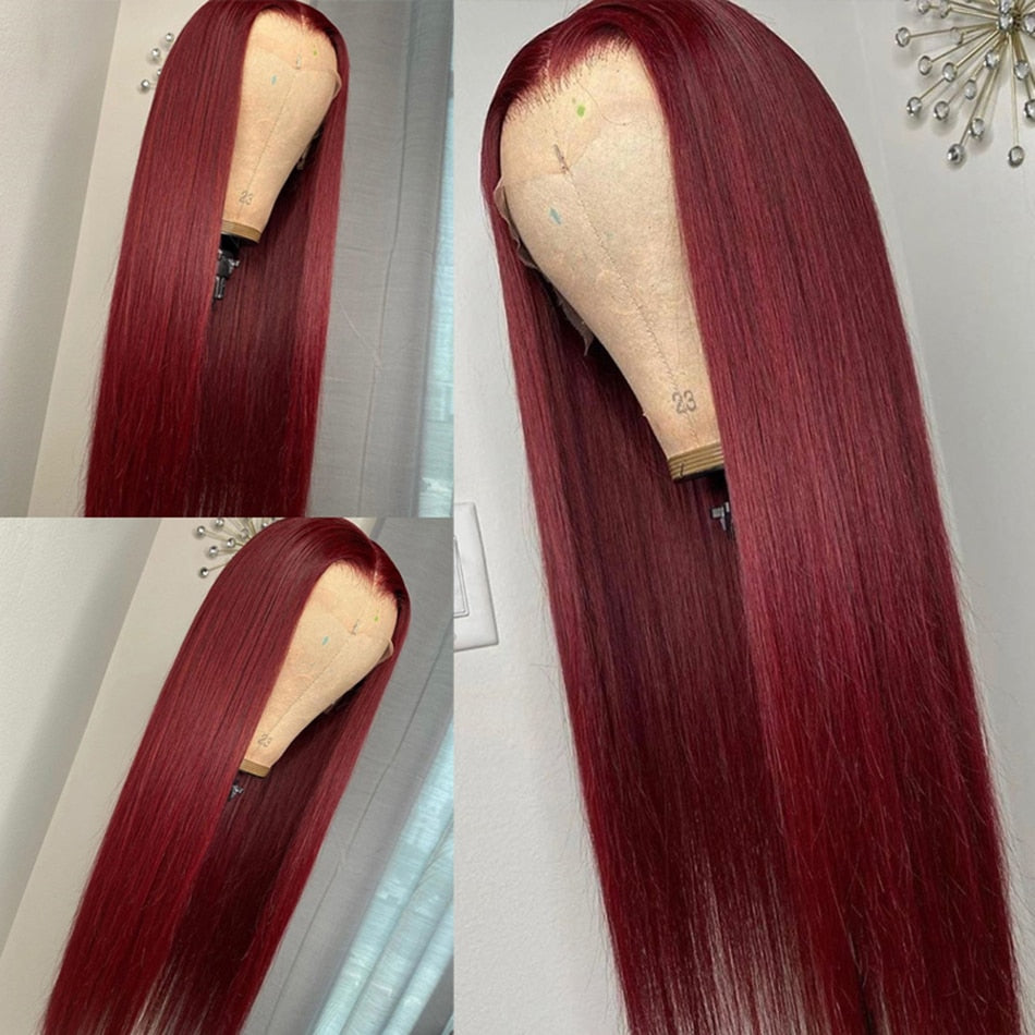Burgundy Elegance: 99J Pre-Plucked 13x4 Colored Lace Front Human Hair Wig - Hot Star Straight Wig for Women