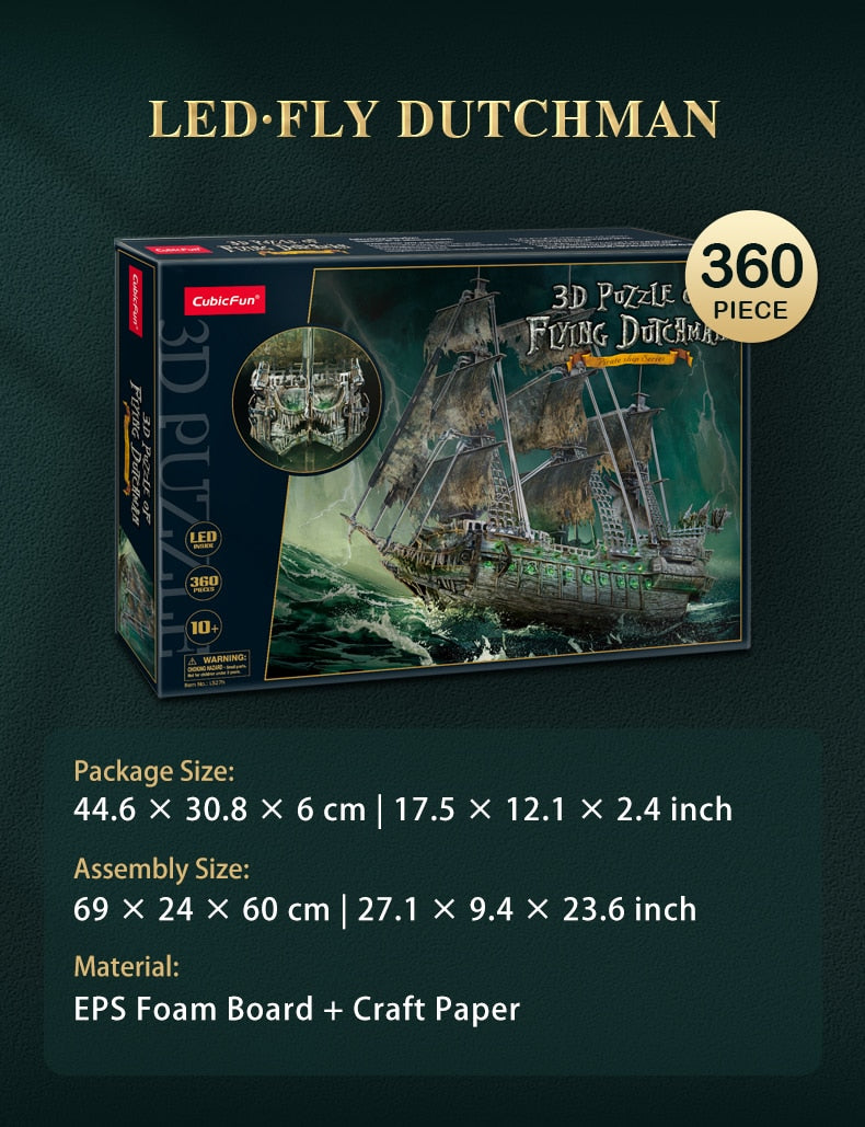 CubicFun 3D Puzzles Green LED Flying Dutchman Pirate Ship Model 360 Pieces Kits Lighting Building Ghost Sailboat Gifts for Adult