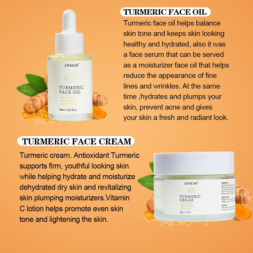 Turmeric Face Skin Care Set Lighten Dark Spots Brightening Anti Acne Aging Serum Oil Whitening Moisturizing Cream Skincare Clean