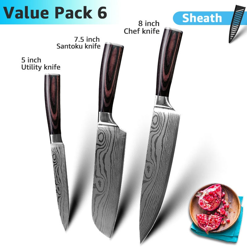 Premium 7CR17 High Carbon Stainless Steel Kitchen Knife Set - 10-Piece Damascus Drawing Gyuto, Cleaver, Slicer, Santoku, Chef Knives Collection