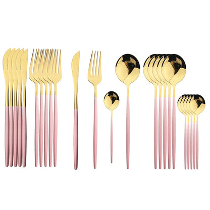 Golden Cutlery Set - 24Pcs Stainless Steel Knife, Fork, and Spoon with Black Handle - Tableware Flatware Set - Perfect Festival Kitchen Dinnerware Gift