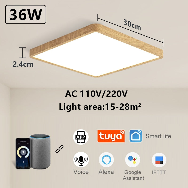 Smart Wood Grain LED Ceiling Lamp: Tuya App & Voice Control, Alexa/Google Compatible, Remote Control, Stylish Square Ceiling Light for Living Room